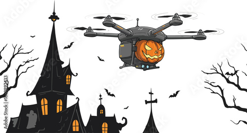 Halloween pumpkin drone flying over haunted house with bats and spooky trees night scene vector illustration