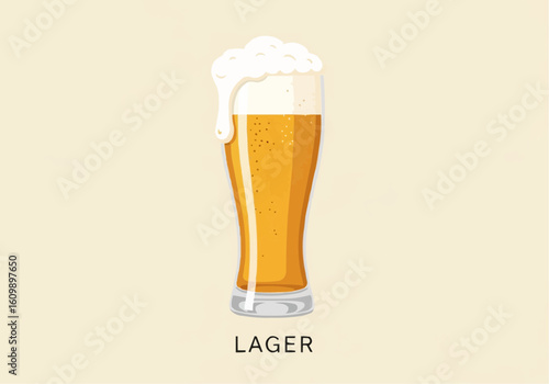 Lager Beer in Glass with Foam Head Illustration