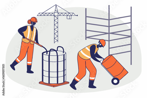 Construction site workers storing gas canisters safely and using spark guards to prevent welding fires, modern flat illustration style
