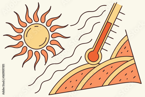 Depict sunburn and overheating risks through clear heatwave graphics, modern flat illustration style