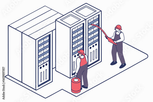 DataCenter technicians checking server-room fire suppression and cable management to avoid overheating and arcing, modern flat illustration style