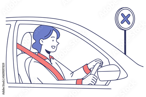 Driver using a seatbelt while passing a 30 km/h zone, modern flat illustration style