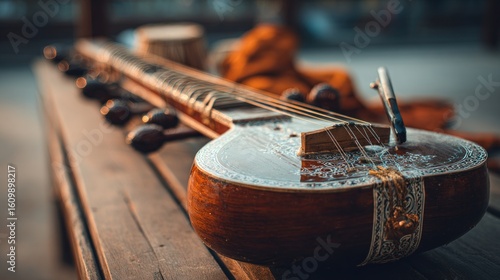 Close-up of a sitar resting on a wooden surface, bathed in the warm glow of sunset, showcasing its intricate details and craftsmanship.