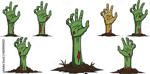 Zombie hands rising from ground vector set with various poses and wounds in green and brown colors for horror design