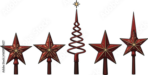 Red star tree toppers set with spiral and pointed designs for Christmas holiday decoration vector illustration