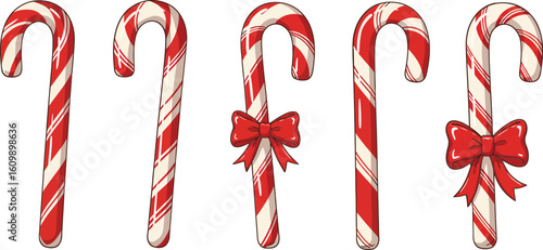 Candy cane set with red bows festive Christmas holiday decoration vector illustration