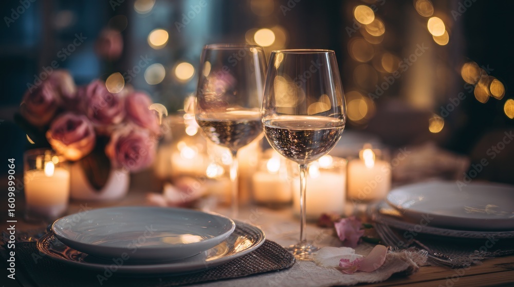 Naklejka premium Romantic Dinner Table Setting with Wine Glasses and Candles
