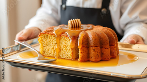 Cake honey on a tray at the waiter.