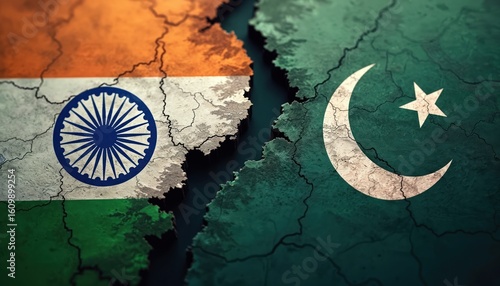 Conceptual map shows geopolitical division between India, Pakistan. National flags represent fractured border area. Visualizes tension, separation, political rivalry between nations. Historical
