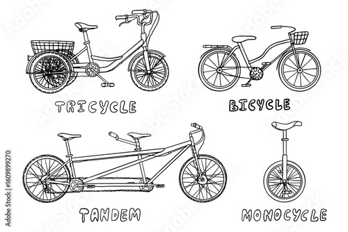 Bicycle transport icons. Monocycle, tandem bicycle, tricycle. Sport. Cycling. Healthy lifestyle. Active lifestyle. Walking bicycle. Vehicle. Biking. Doodles