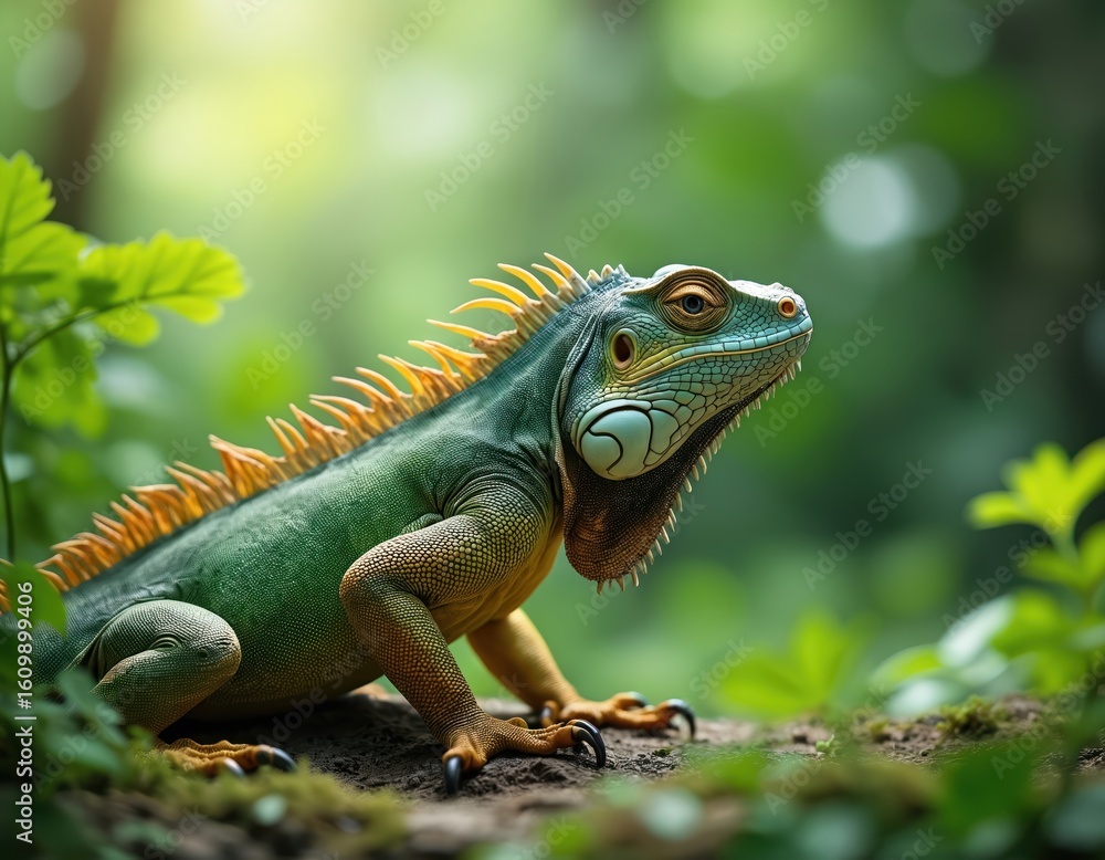 Fototapeta premium Green iguana rests on mossy ground in lush jungle foliage. Its scales show intricate detail and texture. Sunlight filters through leaves creating a serene, natural habitat.