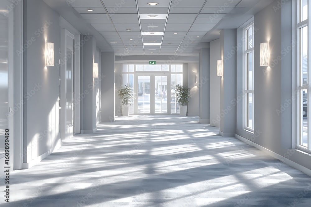 Fototapeta premium Modern grey office hallway with bright natural sunlight