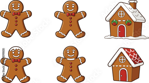 Gingerbread men and festive gingerbread houses with icing decorations holiday baking vector illustration