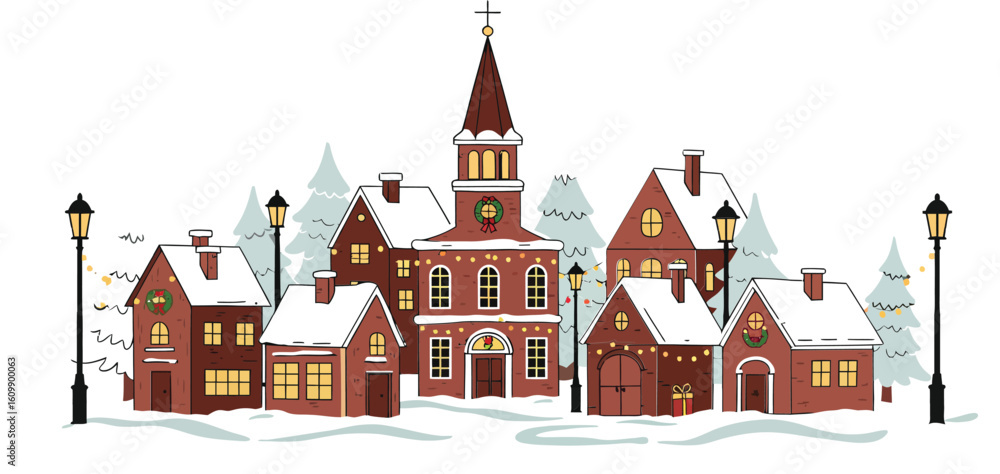 Fototapeta premium Winter village town with snow-covered roofs and street lamps in cold season landscape vector illustration