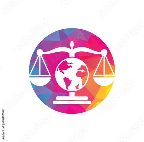 Globe law logo vector icon. Scales on globe icon design.	