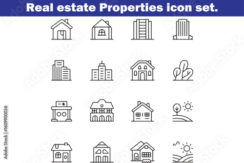 Real estate Properties line editable icon set. Containing, Urban architecture, building, skyscraper, and more. Editable stroke. Vector illustration.