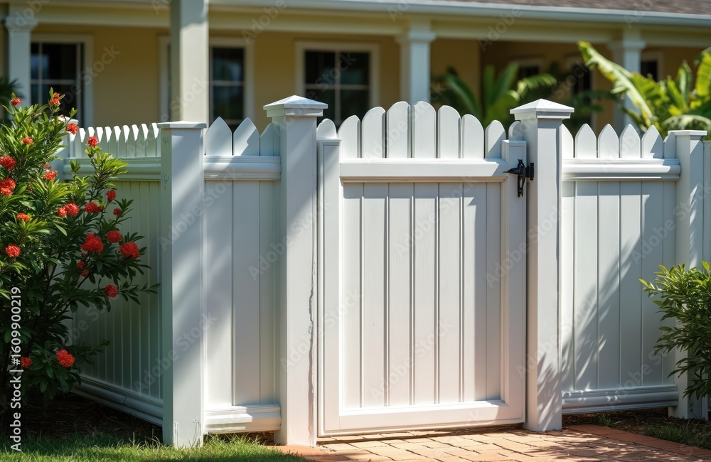 Naklejka premium Clean white vinyl fence with gate borders tranquil residential yard in sunny Florida. Rich green vegetation, vibrant red flowers frame scene. Fence offers privacy, security, creating peaceful outdoor
