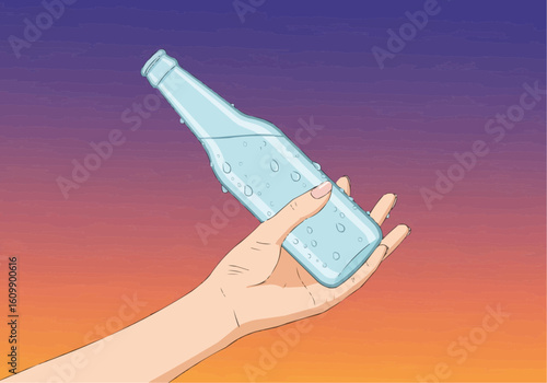 Hand Holding Iced Soda Bottle at Sunset
