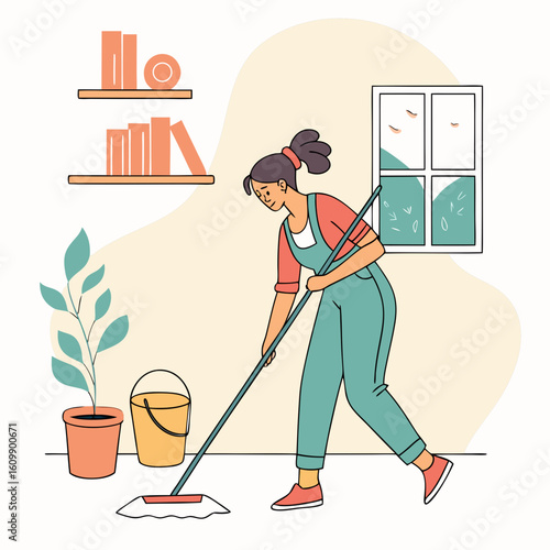 
Woman Cleaning House with Mop and Bucket – Vector Scene
