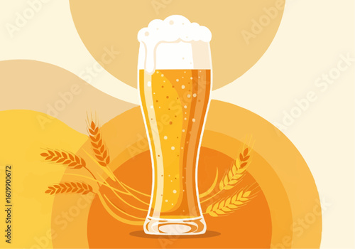 Wheat Beer Glass with Foam and Wheat Illustration
