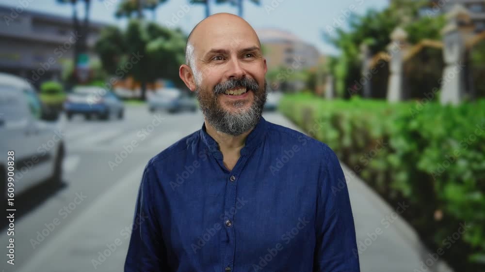 Smiling man with beard and blue shirt stands outdoors on urban street with trees and cars in background on a sunny day showing a casual vibe Smiling man with beard and blue shirt stands outdoors on urban street with trees and cars in background on a sunny day showing a casual vibe