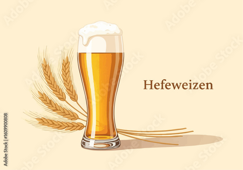 Wheat Beer Glass with Foam and Wheat Illustration