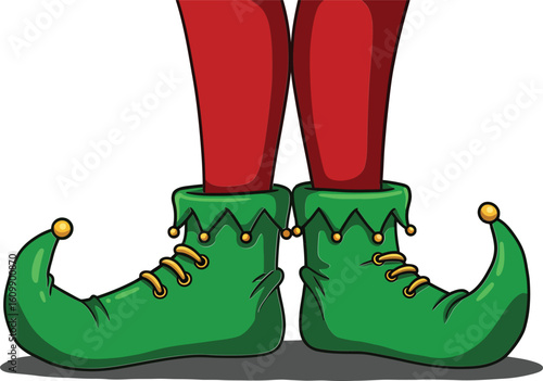 Elf shoes with curled toes and green color worn with red stockings festive holiday footwear vector illustration