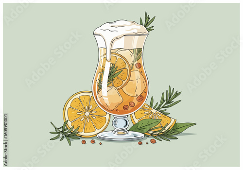 Orange Fizz Cocktail with Rosemary Sprig Illustration