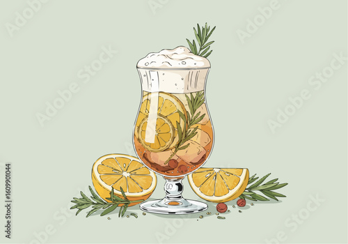 Orange Fizz Cocktail with Rosemary Sprig Illustration