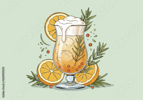 Orange Fizz Cocktail with Rosemary Sprig Illustration