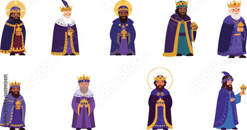 Three Wise Men Kings Nativity Scene Vector Illustration with Royal Robes and Crowns for Christmas Holiday Decoration