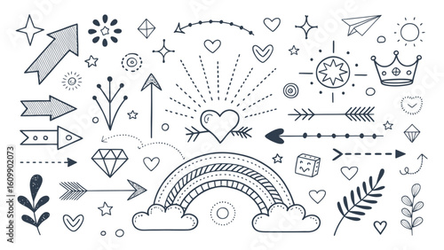 Charming Doodle Collection: Hand-Drawn Arrows, Hearts, Rainbow, and Whimsical Elements for Creative Designs and Illustrations with Elegant Black and White Minimalist Aesthetic