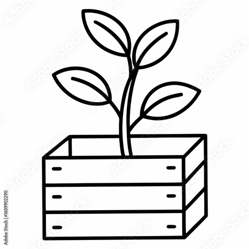 Plant Growing from Wooden Crate Coloring Pages – Nature, Garden, Growth, Outline, Kids, Printable, Rustic

