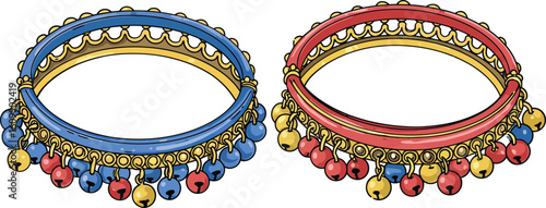 Traditional folk anklets with colorful red and blue beads and golden bells for cultural dance accessories vector illustration