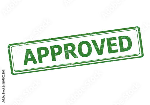 A green rubber stamp with the word approved inside a rectangular border on a transparent area on transparent background