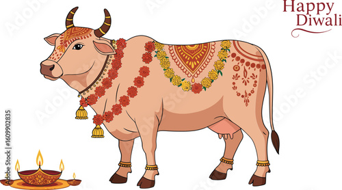 Decorated sacred cow with traditional ornaments celebrating Happy Diwali festival vector art