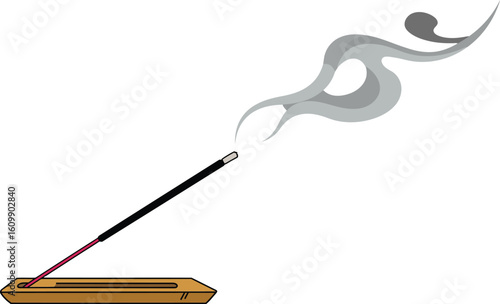 Incense stick with wooden holder and rising gray smoke vector illustration simple design aromatic relaxation meditation
