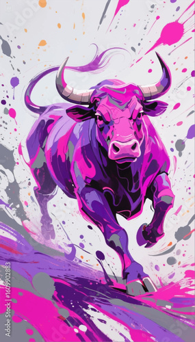 Illustration of a pink bull running forward in the style of oil painting. Impressionism. Vector graphics. EPS.