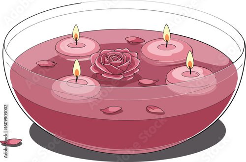 Scented pink candle bowl with rose petals and small flames for relaxation and ambiance creation