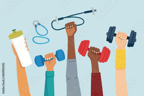 Diverse hands holding fitness equipment like dumbbells and resistance bands in a dynamic and inclusive workout illustration.