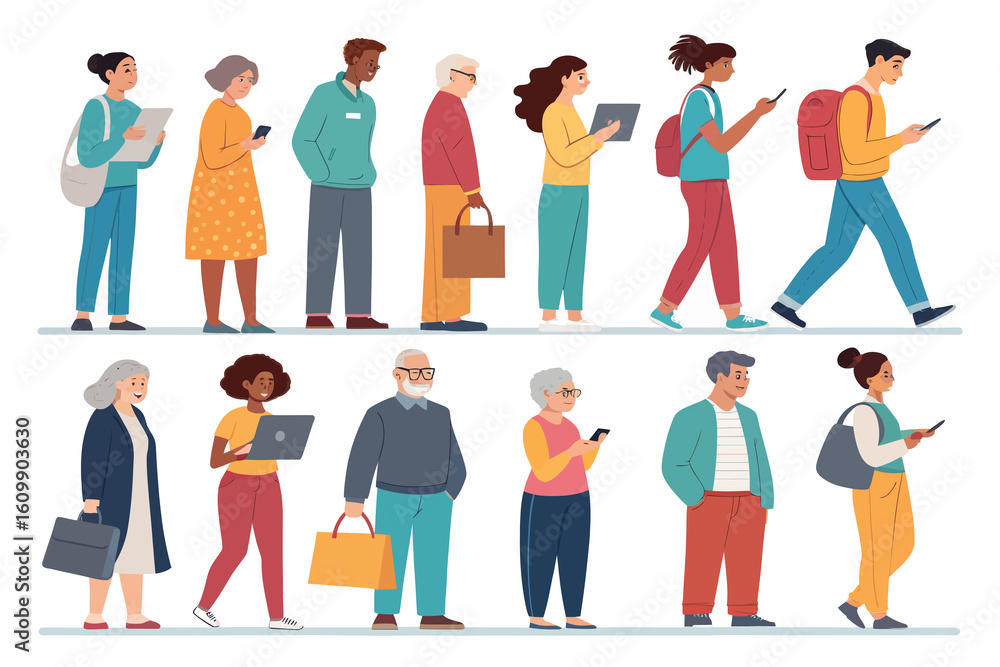 Obraz premium Diverse group of people walking and standing, using technology, showcasing modern lifestyle in a minimalist artistic style.