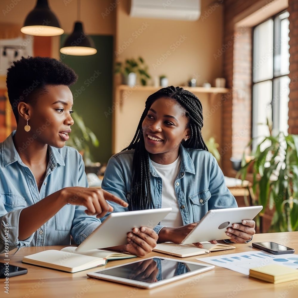 Two black women discussing business plan in modern office setting Two black women discussing business plan in modern office setting