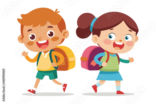 Two happy cartoon children with backpacks walking to school excitedly on a white background