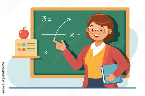 A smiling female teacher in glasses points to a math equation on a green chalkboard holding a book