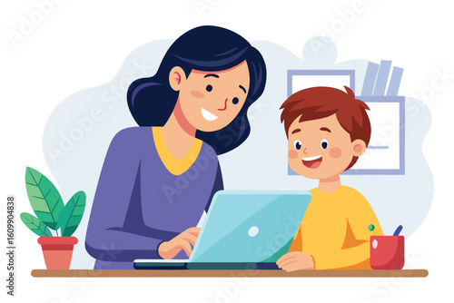 Smiling mother and son happily learning together on a laptop fostering education and technology