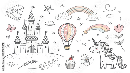 Enchanting Hand-Drawn Doodle Clipart Featuring a Magical Castle, Sparkling Diamond, Dreamy Unicorn, and Playful Rainbow for Creative Designs.