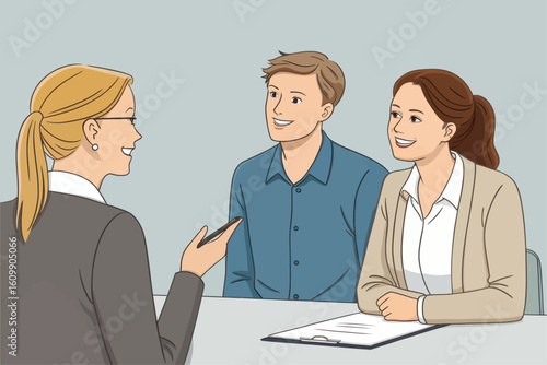 Engaging Illustration Depicting a Business Meeting with a Professional Woman Presenting to a Couple at a Table.