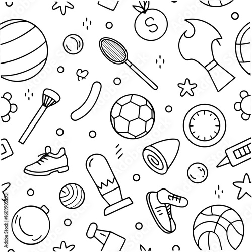Sports Elements Seamless Pattern Coloring Pages – Printable, Outline, Athletic, Kids, Fun, Easy

