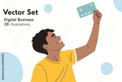Joyful Digital Banking: A Young Man Celebrates Financial Freedom with His Credit Card Held High in the Air.