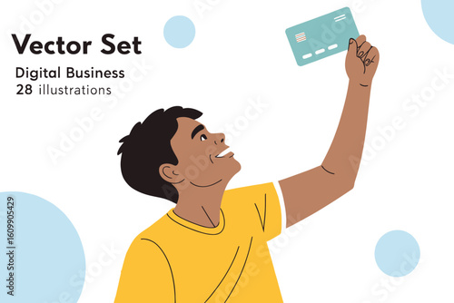 Joyful Digital Banking: A Young Man Celebrates Financial Freedom with His Credit Card Held High in the Air.